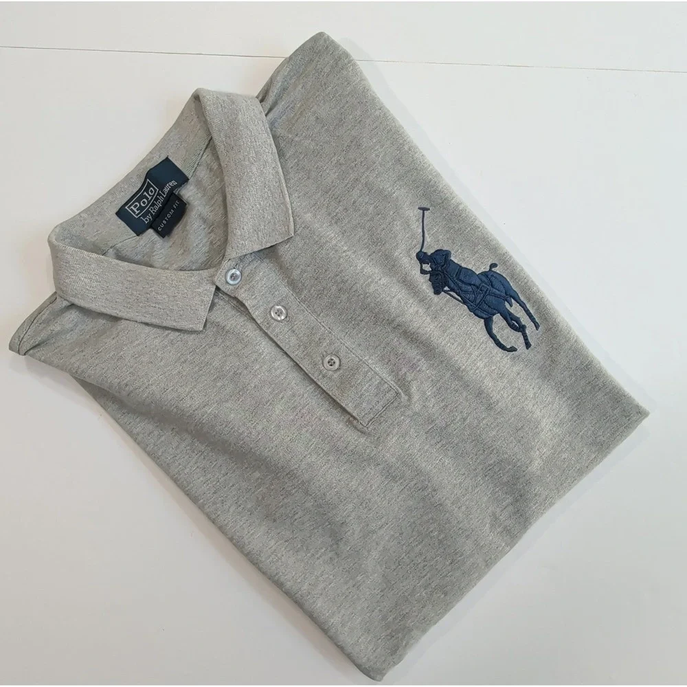 Vintage Ralph Lauren Polo Shirt Mens M Custom Fit Grey Big Pony Number 3 Preppy